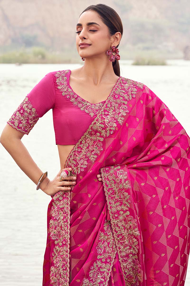 Rani Pink Embroidered Saree – Elegant Party & Wedding Wear LF