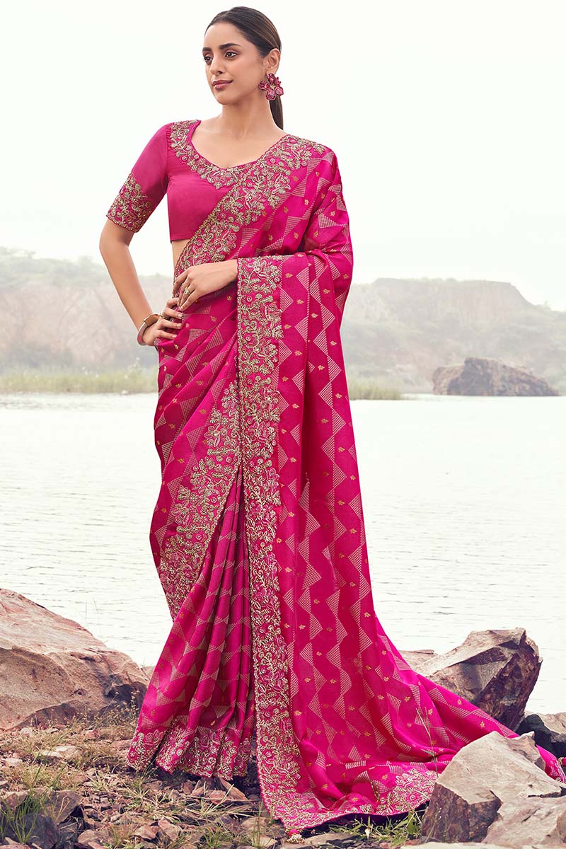 Rani Pink Embroidered Saree – Elegant Party & Wedding Wear LF