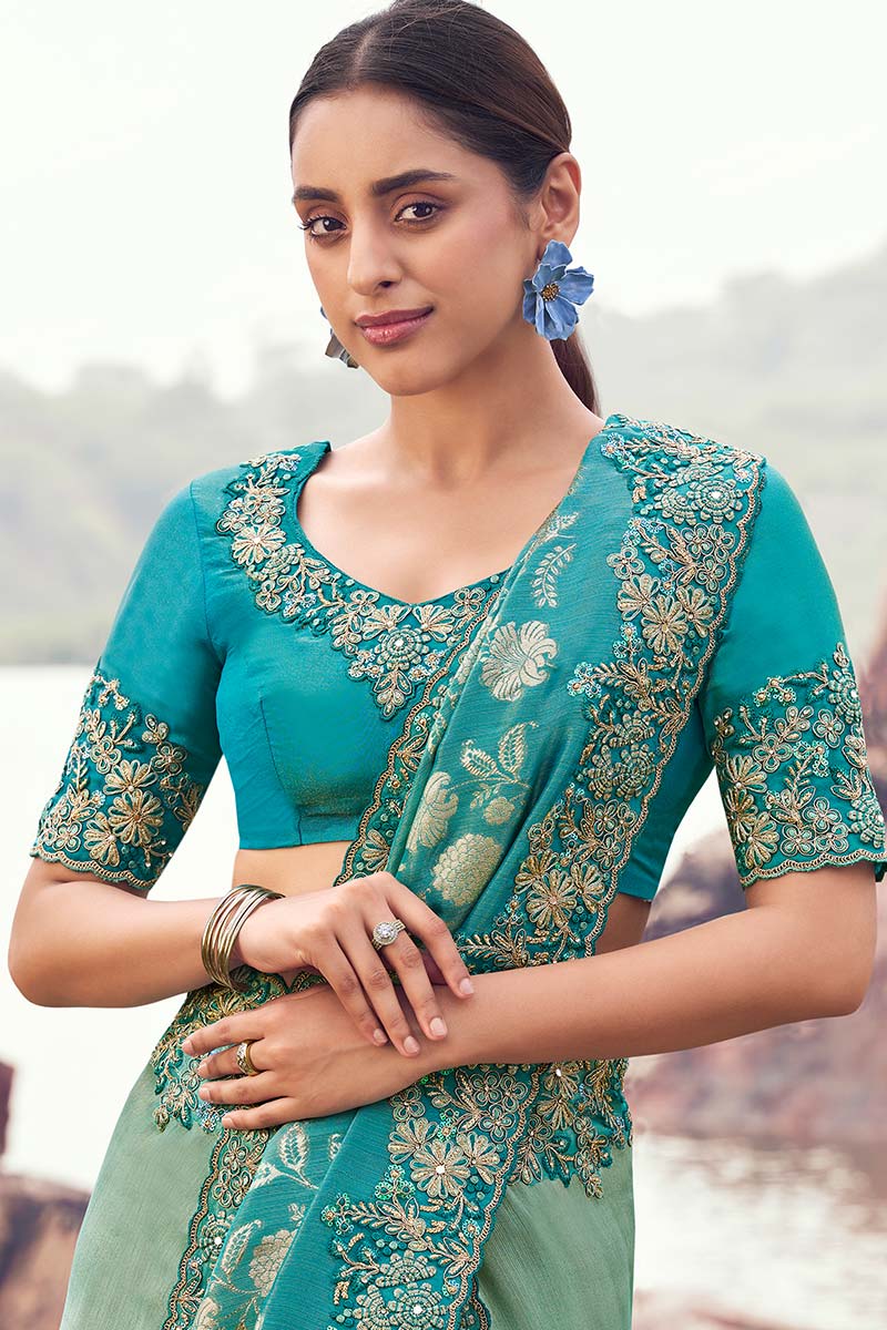 Tissue Silk Sea Green Saree – Handcrafted Embroidered Detailing LF