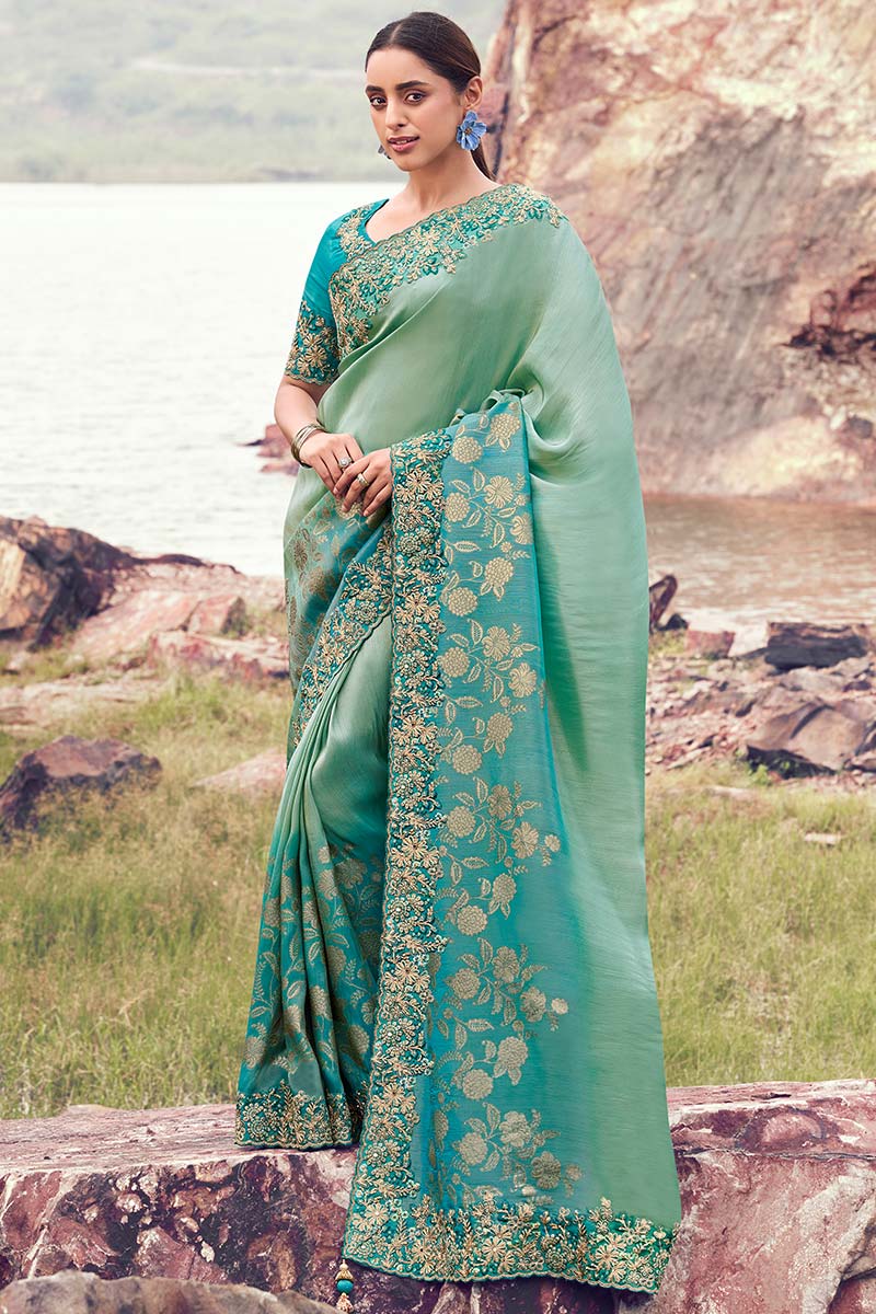 Tissue Silk Sea Green Saree – Handcrafted Embroidered Detailing LF