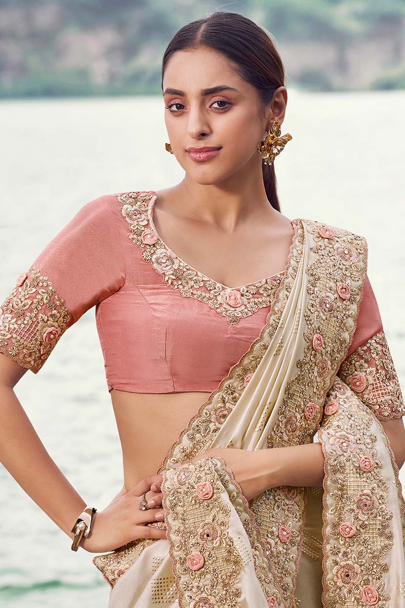Chiku Embroidered Saree – Elegant Party & Wedding Wear LF