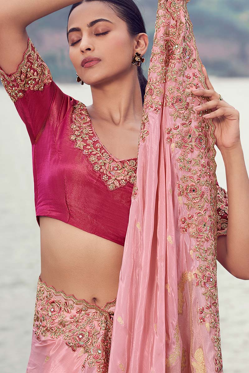 Stunning Statement Saree with Organza Silk Pink Gold Work LF
