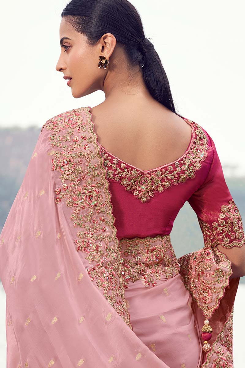 Stunning Statement Saree with Organza Silk Pink Gold Work LF