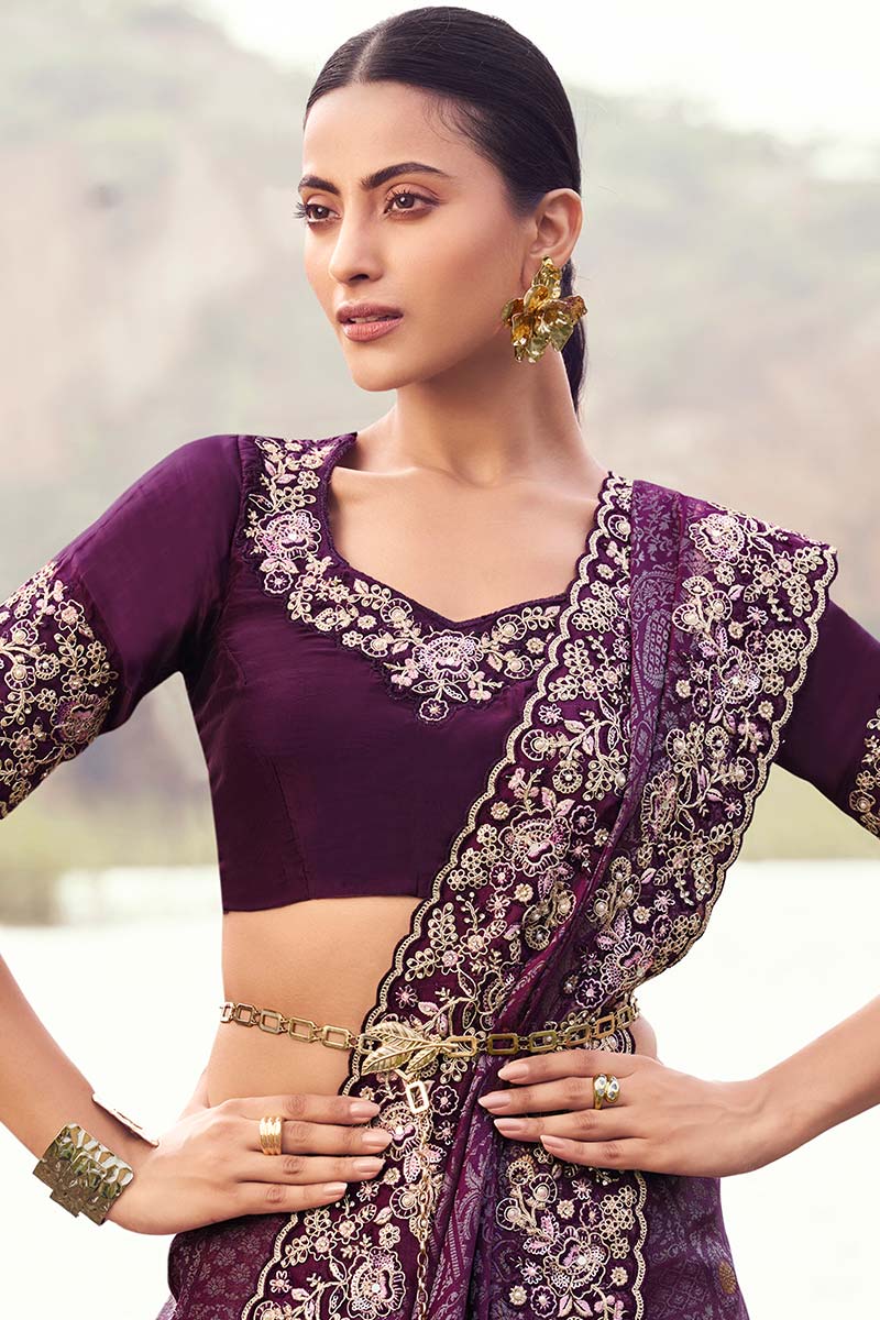 Wine Embroidered Saree – Elegant Party & Wedding Wear LF