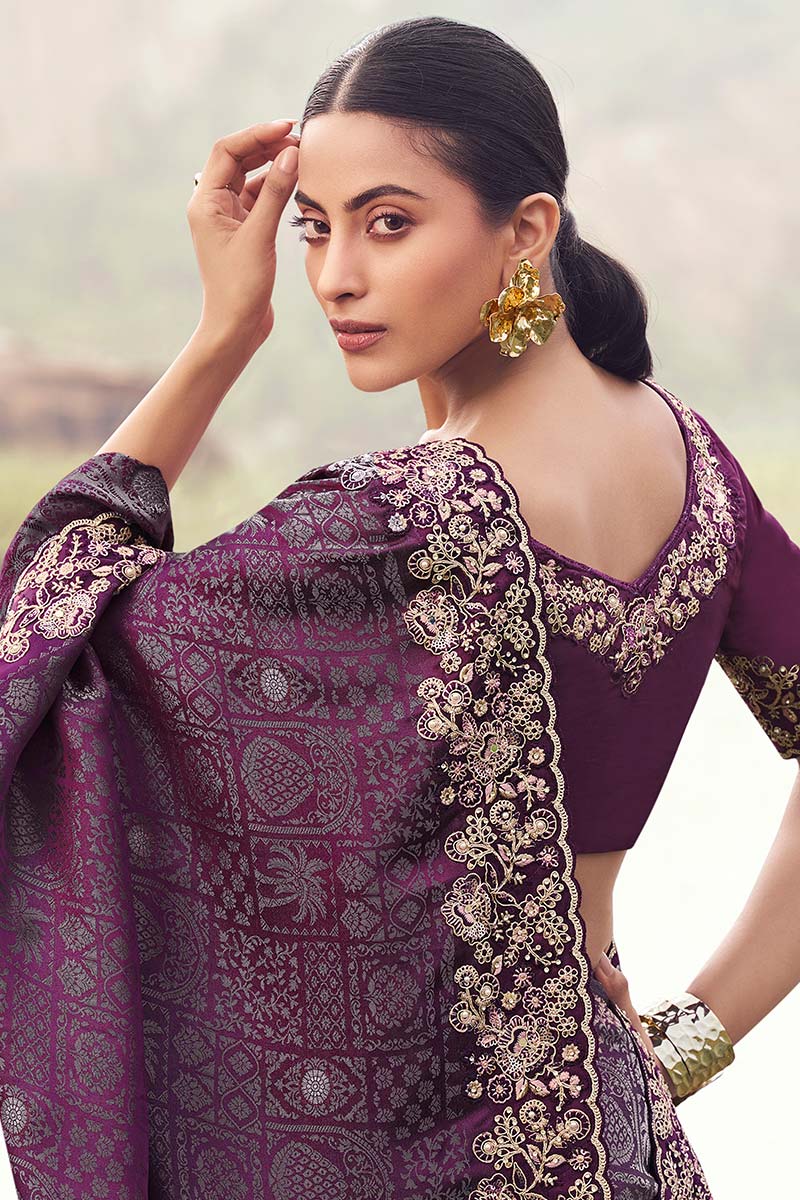 Wine Embroidered Saree – Elegant Party & Wedding Wear LF