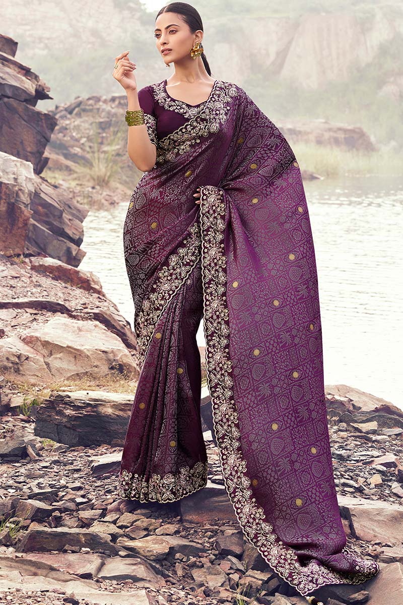 Wine Embroidered Saree – Elegant Party & Wedding Wear LF