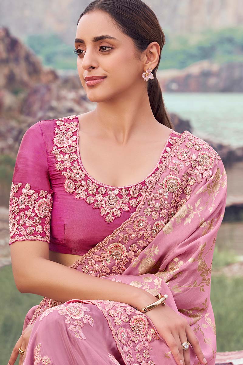 Elegant Onion Pink Saree with Intricate Gold Embroidery LF