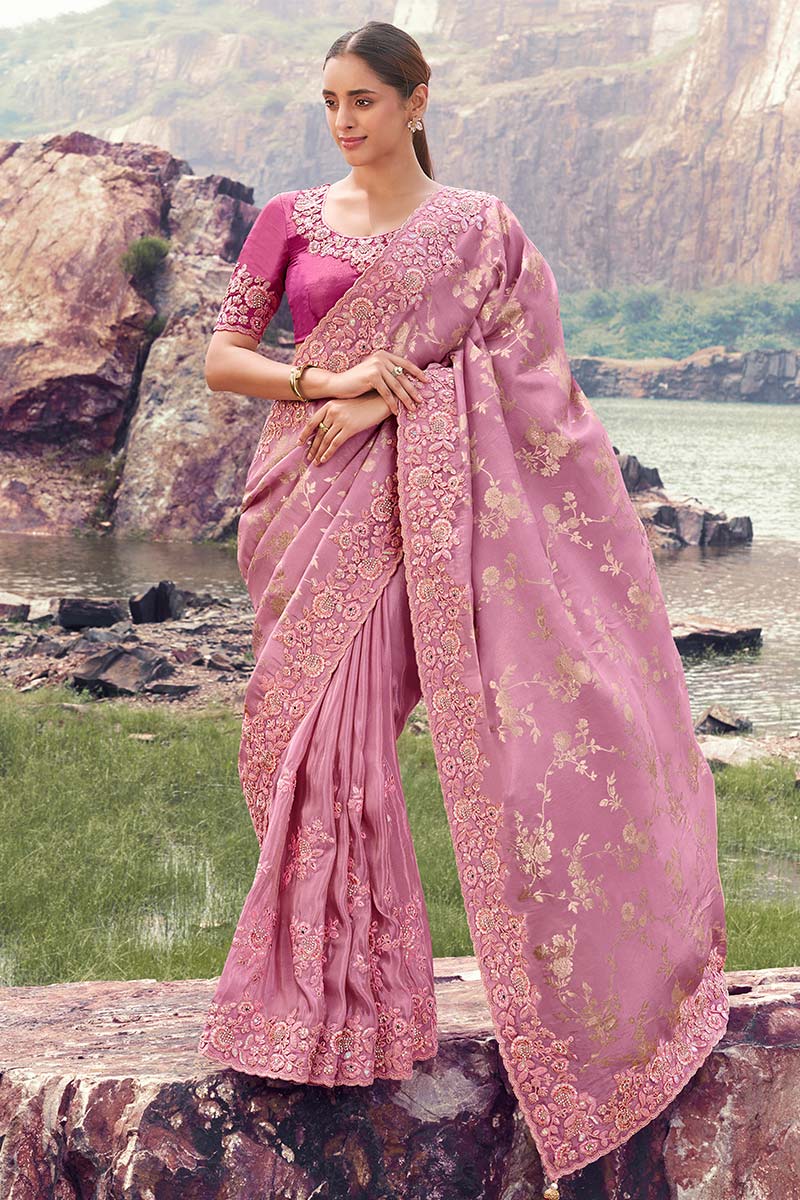 Elegant Onion Pink Saree with Intricate Gold Embroidery LF