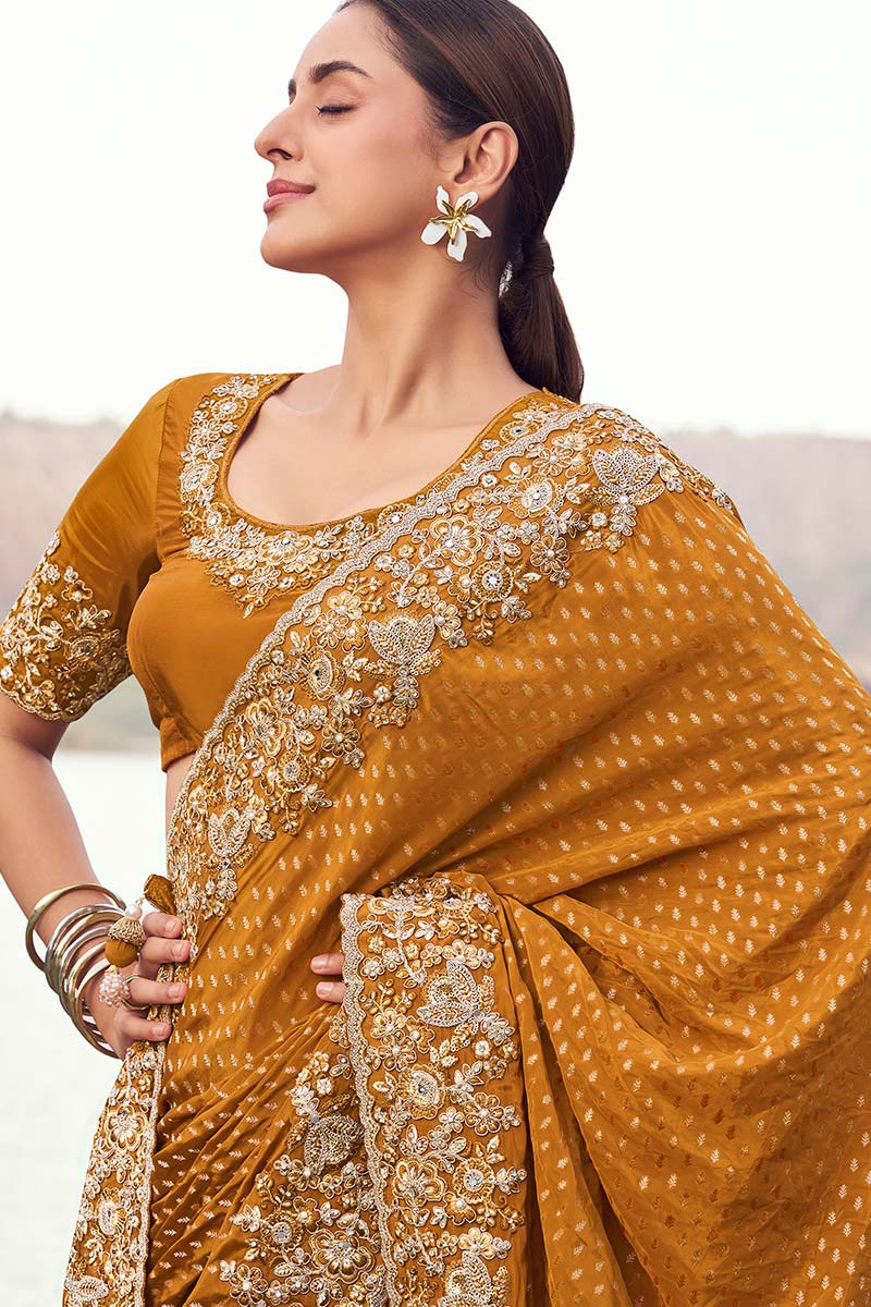 Mustard Pure Satin Silk Embroidered Saree for Weddings & Festivals LF
