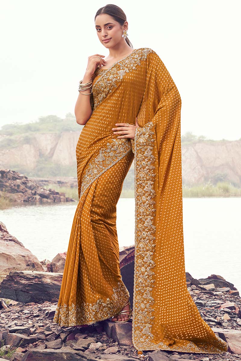Mustard Pure Satin Silk Embroidered Saree for Weddings & Festivals LF