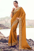 Mustard Pure Satin Silk Embroidered Saree for Weddings & Festivals LF
