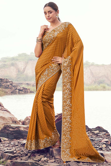 Mustard Pure Satin Silk Embroidered Saree for Weddings & Festivals LF