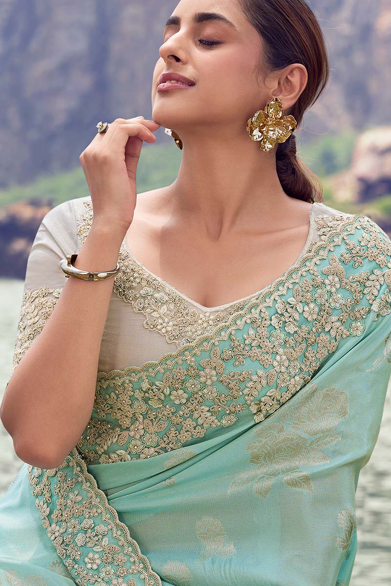 Sky Blue Embroidered Saree for Weddings & Receptions LF