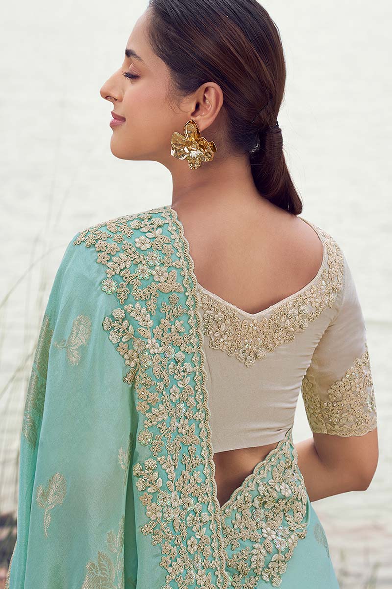 Sky Blue Embroidered Saree for Weddings & Receptions LF