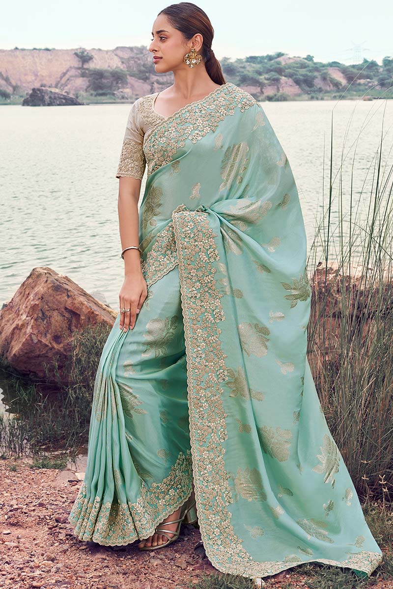 Sky Blue Embroidered Saree for Weddings & Receptions LF
