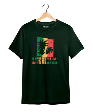 "Love Life" Printed T-Shirt – Premium Round Neck - Bottle Green - 100% Cotton Offbeat
