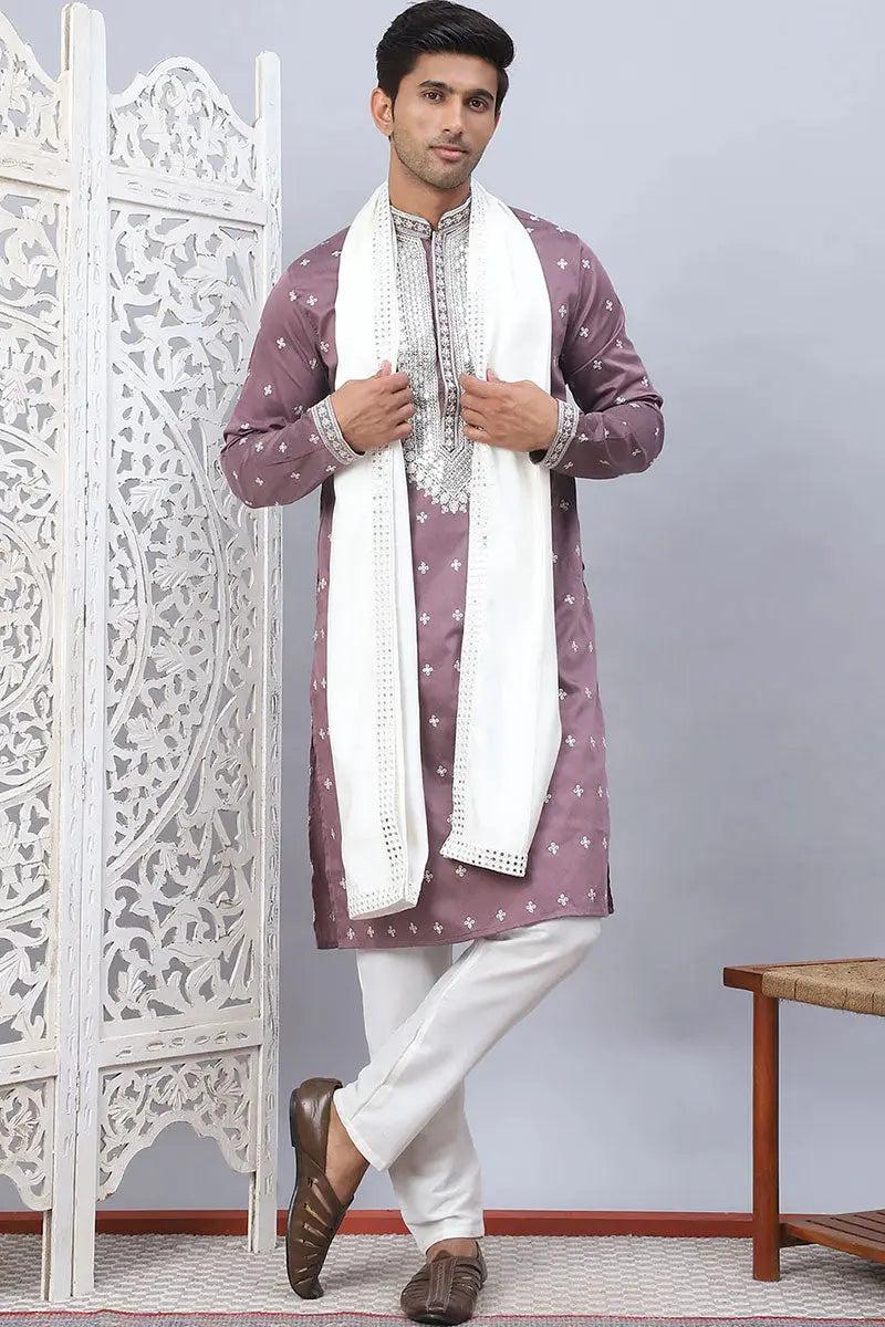 Magenta Cotton Silk Sequins Embroidered Kurta Pajama Dupatta Set - Traditional Wear VA