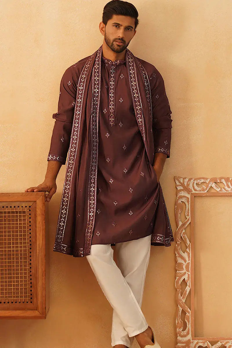 Maroon Purple Cotton Silk Sequins Embroidered Kurta Pajama Dupatta Set - Traditional Wear VA