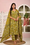 Mehendi Green Floral Printed Cotton Kurta Set with Print Dupatta KSF