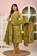 Mehendi Green Floral Printed Cotton Kurta Set with Print Dupatta KSF
