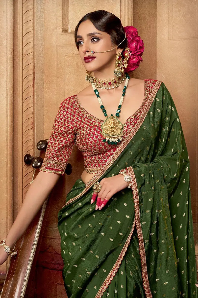 Mehendi Green Handwoven Banarasi Saree with Lemon Embroidered Blouse VA