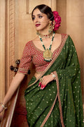 Mehendi Green Handwoven Banarasi Saree with Lemon Embroidered Blouse VA