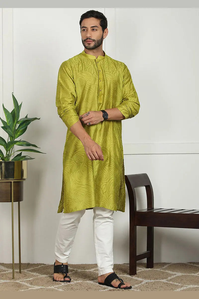 Mehendi Green Jacquard Kurta for Men – Festive & Formal Wear KSF