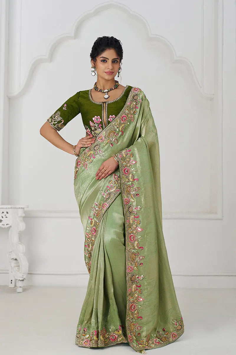 Mehendi Green Saree with Multi-Thread & Sequin Embroidery – Perfect for Weddings KSR