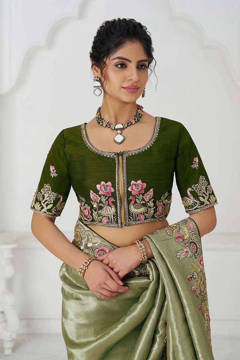 Mehendi Green Saree with Multi-Thread & Sequin Embroidery – Perfect for Weddings KSR
