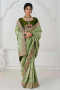 Mehendi Green Saree with Multi-Thread & Sequin Embroidery – Perfect for Weddings KSR