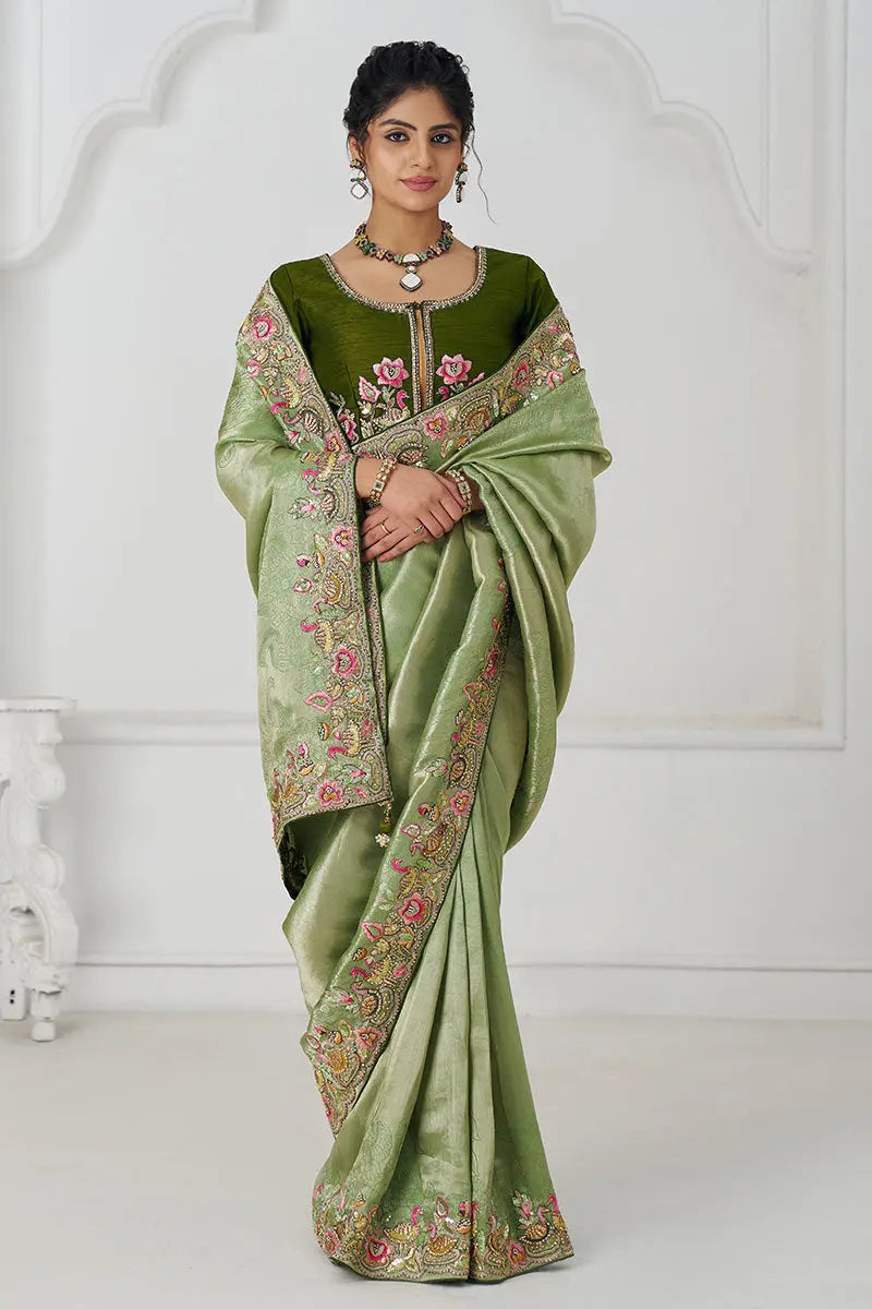 Mehendi Green Saree with Multi-Thread & Sequin Embroidery – Perfect for Weddings KSR