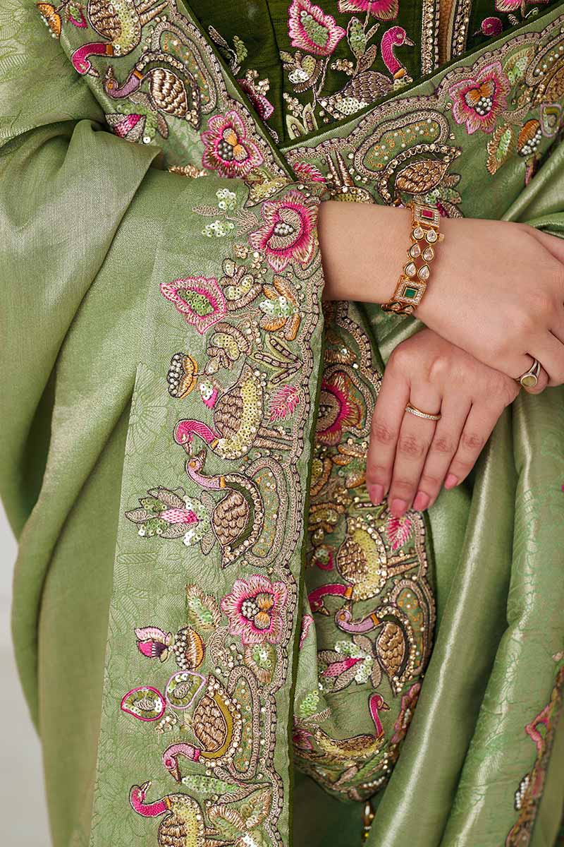 Mehendi Green Saree with Multi-Thread & Sequin Embroidery – Perfect for Weddings KSR