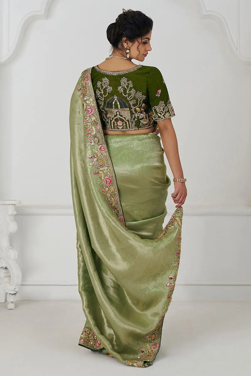 Mehendi Green Saree with Multi-Thread & Sequin Embroidery – Perfect for Weddings KSR