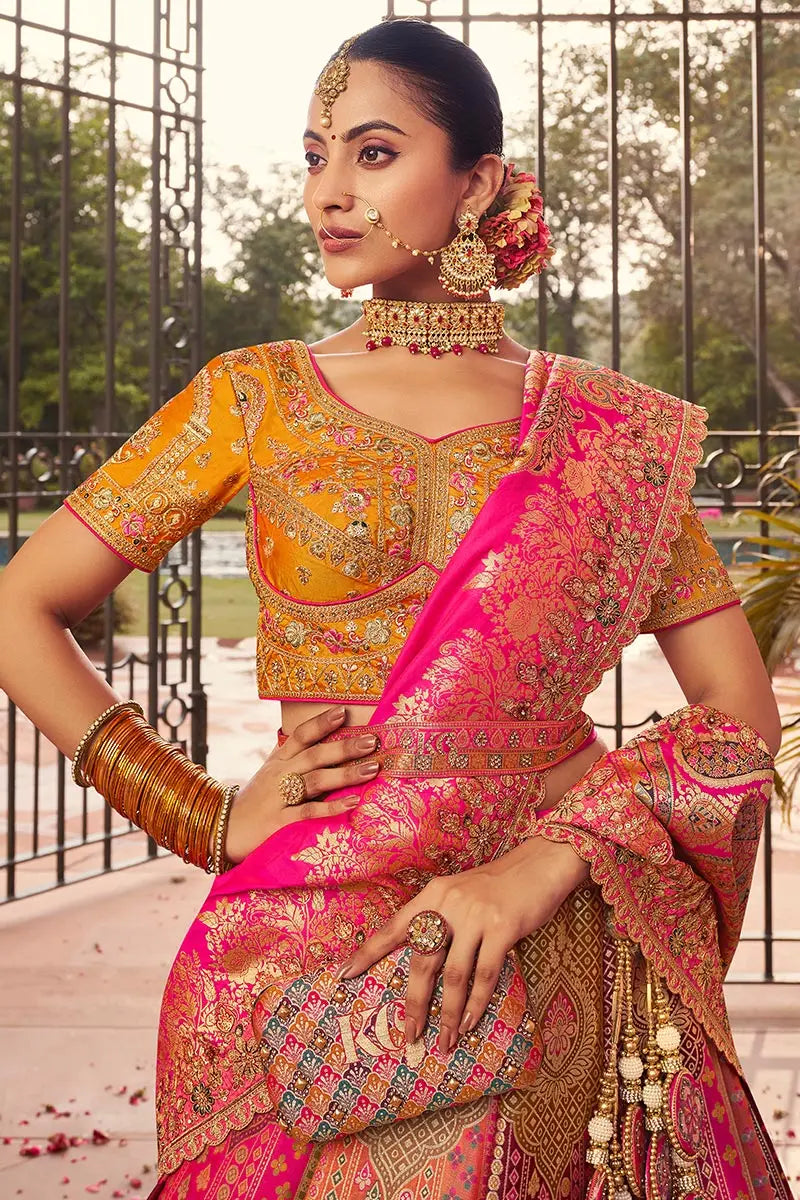 Multi color Banarasi Silk Bridal Lehenga with Rani Pink Dupatta, Zari & Mirror Work VA