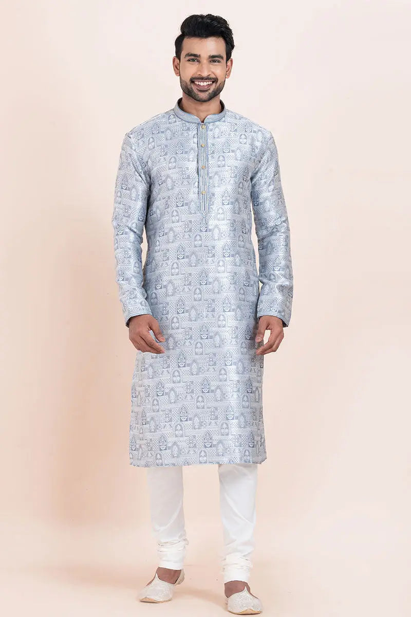 Multi-color & White  Jacquard Silk Printed Kurta Pajama Set - Traditional Wear RTI