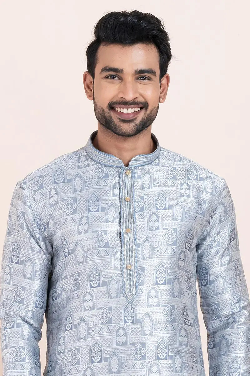 Multi-color & White  Jacquard Silk Printed Kurta Pajama Set - Traditional Wear RTI