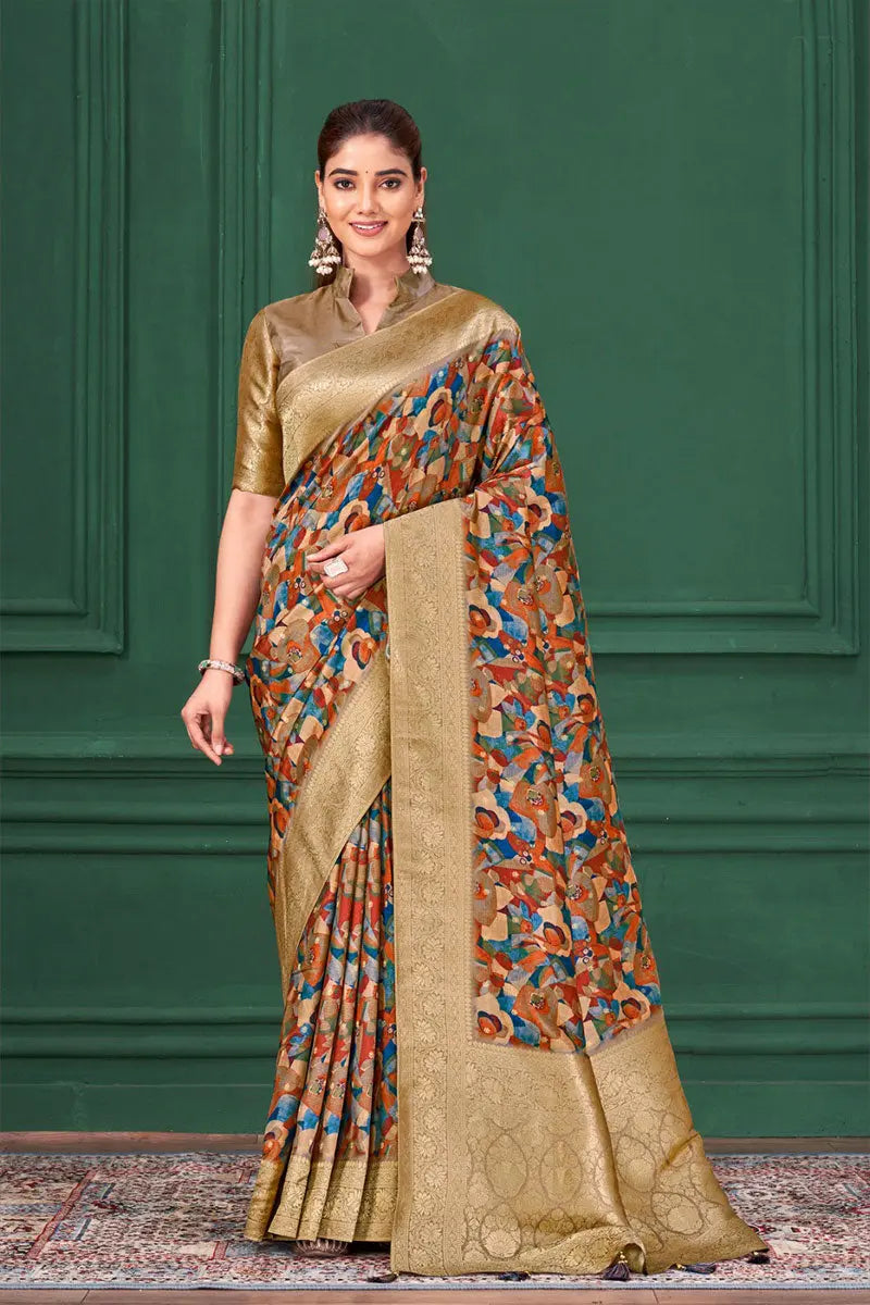 Multicolor Designer Saree with Brown Blouse & Golden Zari Border RTI