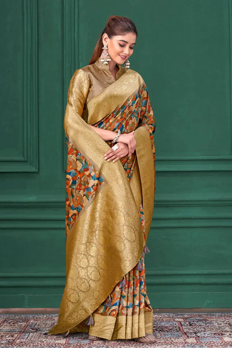 Multicolor Designer Saree with Brown Blouse & Golden Zari Border RTI