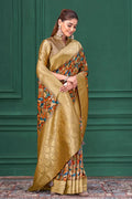 Multicolor Designer Saree with Brown Blouse & Golden Zari Border RTI