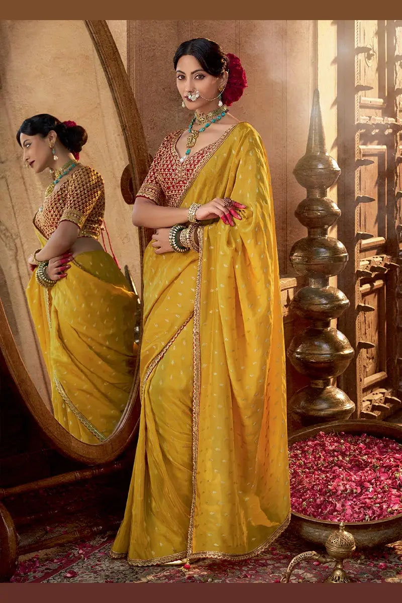 Mustard Handwoven Banarasi Saree with Red Embroidered Blouse VA