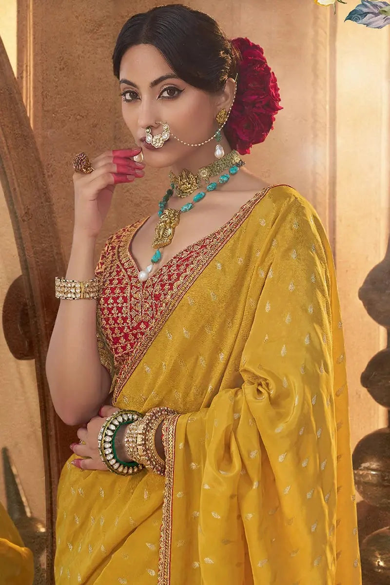 Mustard Handwoven Banarasi Saree with Red Embroidered Blouse VA