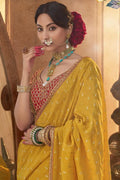 Mustard Handwoven Banarasi Saree with Red Embroidered Blouse VA
