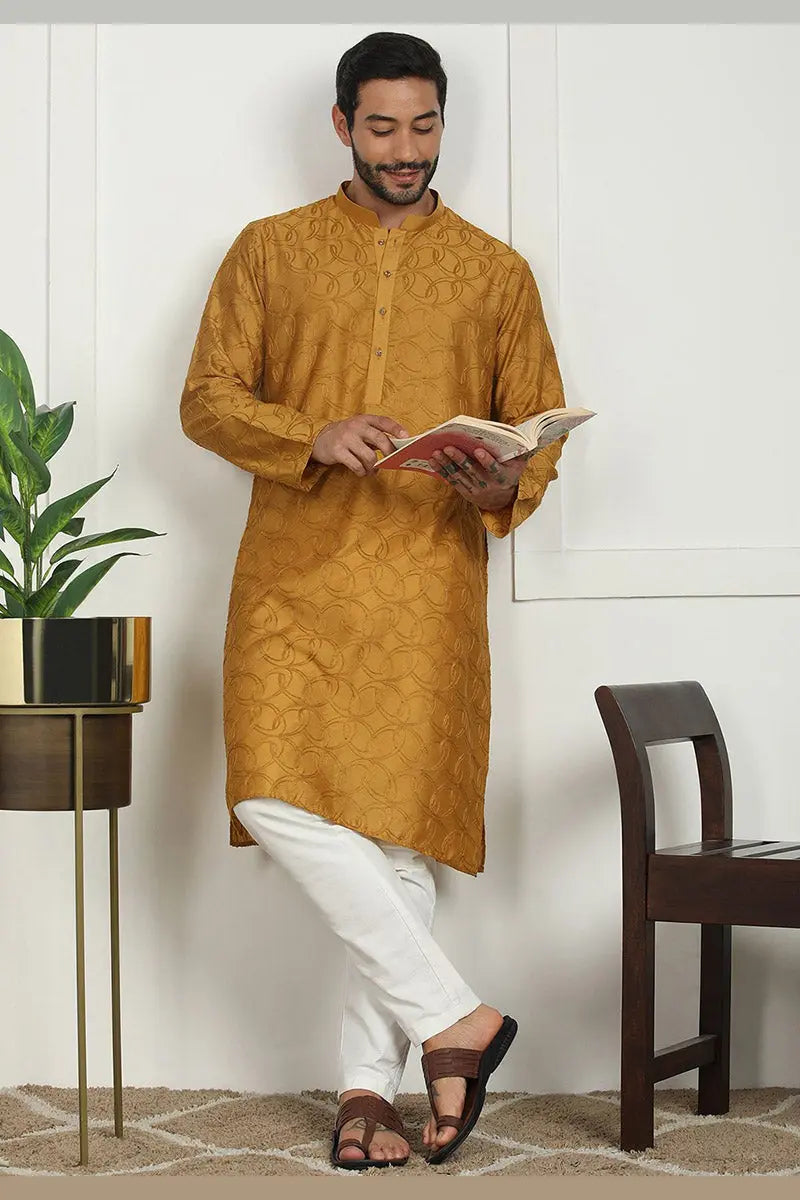 Mustard Jacquard Kurta for Men – Festive & Formal Wear KSF