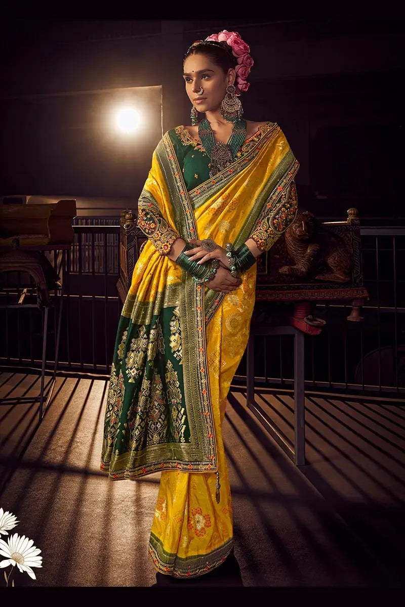 Mustard Patola Banarasi Saree with Golden Zari Weave – Bridal & Festive Wear VA