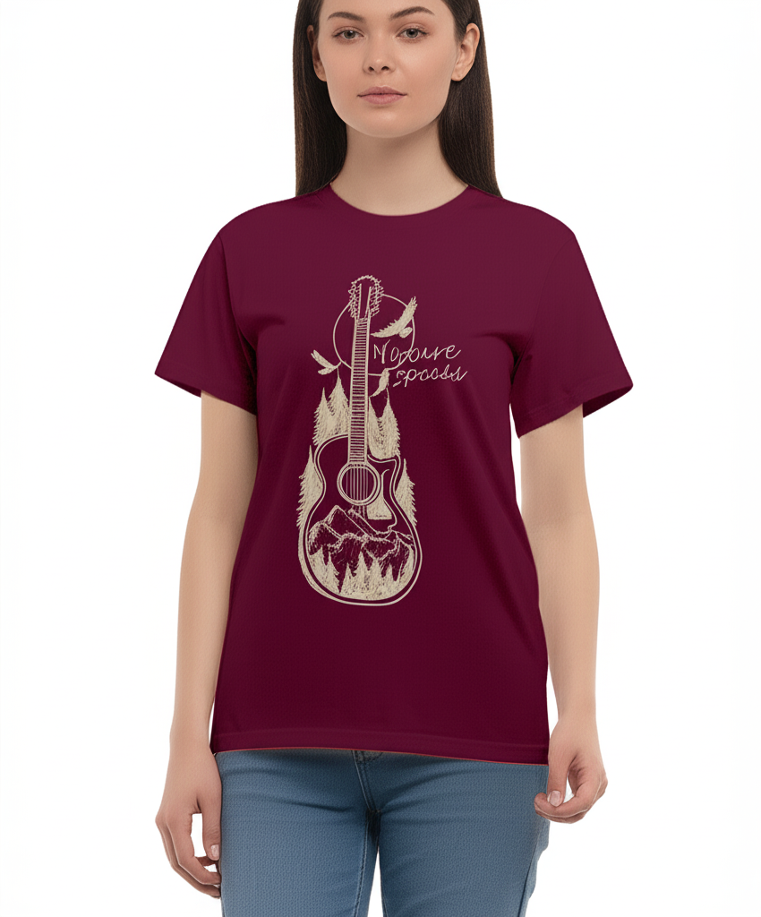 Women Nature’s Rhythm Graphic T-Shirt – Maroon & White 100% Cotton Casual Tee Offbeat