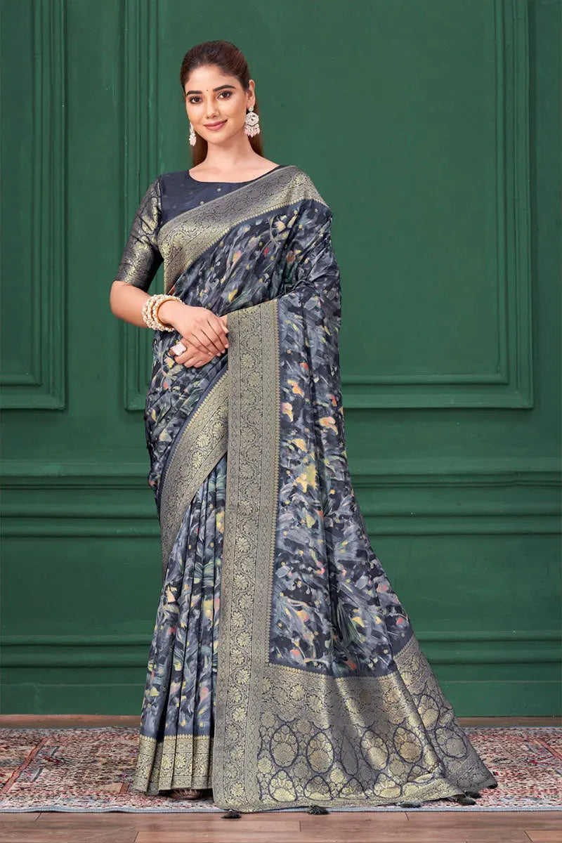 Navy Blue Designer Saree with Blouse & Golden Zari Border RTI