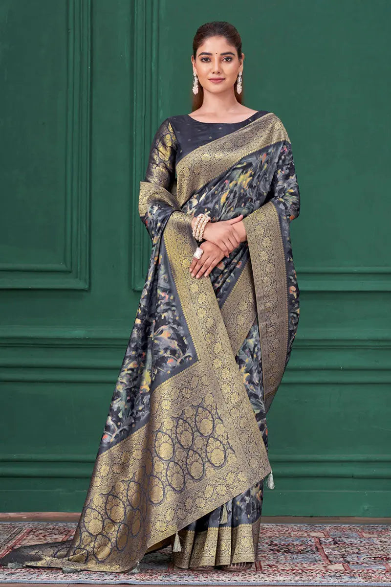 Navy Blue Designer Saree with Blouse & Golden Zari Border RTI
