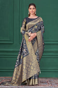 Navy Blue Designer Saree with Blouse & Golden Zari Border RTI