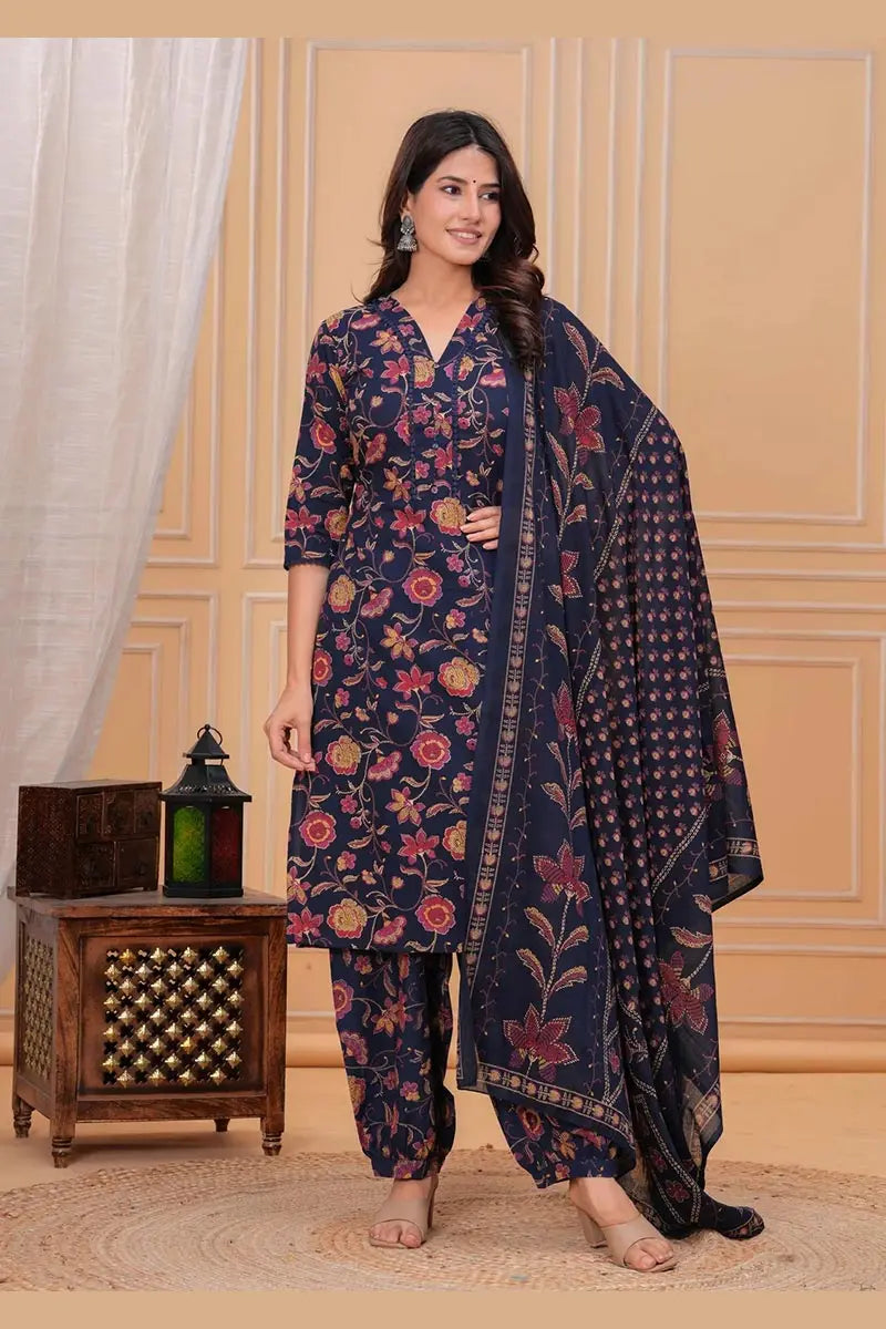 Navy Blue Floral Printed Cotton Kurta Set with Print Dupatta KSF