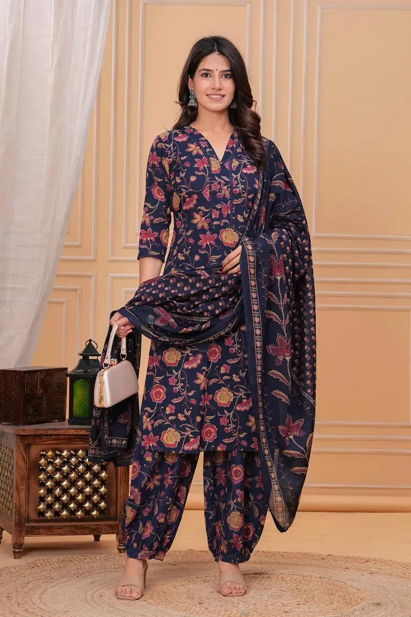 Navy Blue Floral Printed Cotton Kurta Set with Print Dupatta KSF